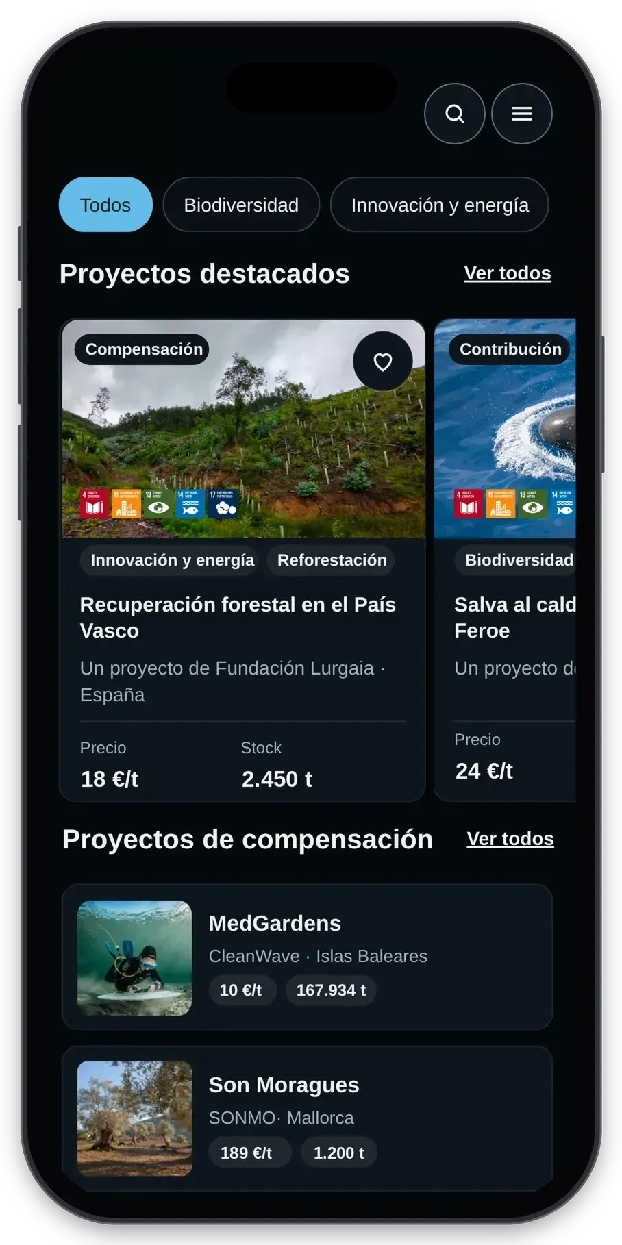 Projects en un móvil, con proyectos destacados