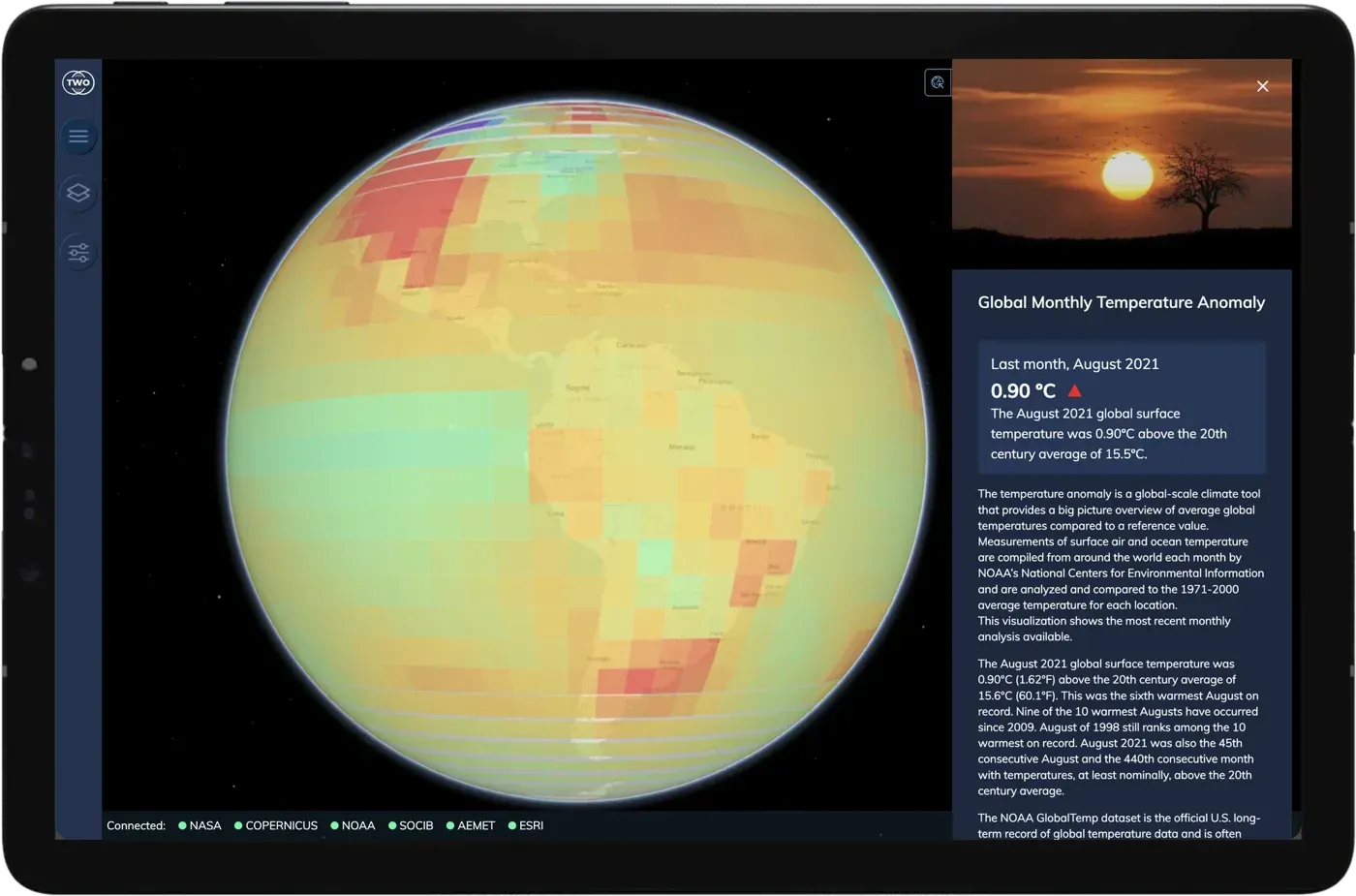 Atlas en una tableta con la anomalía mensual de la temperatura global sobre América