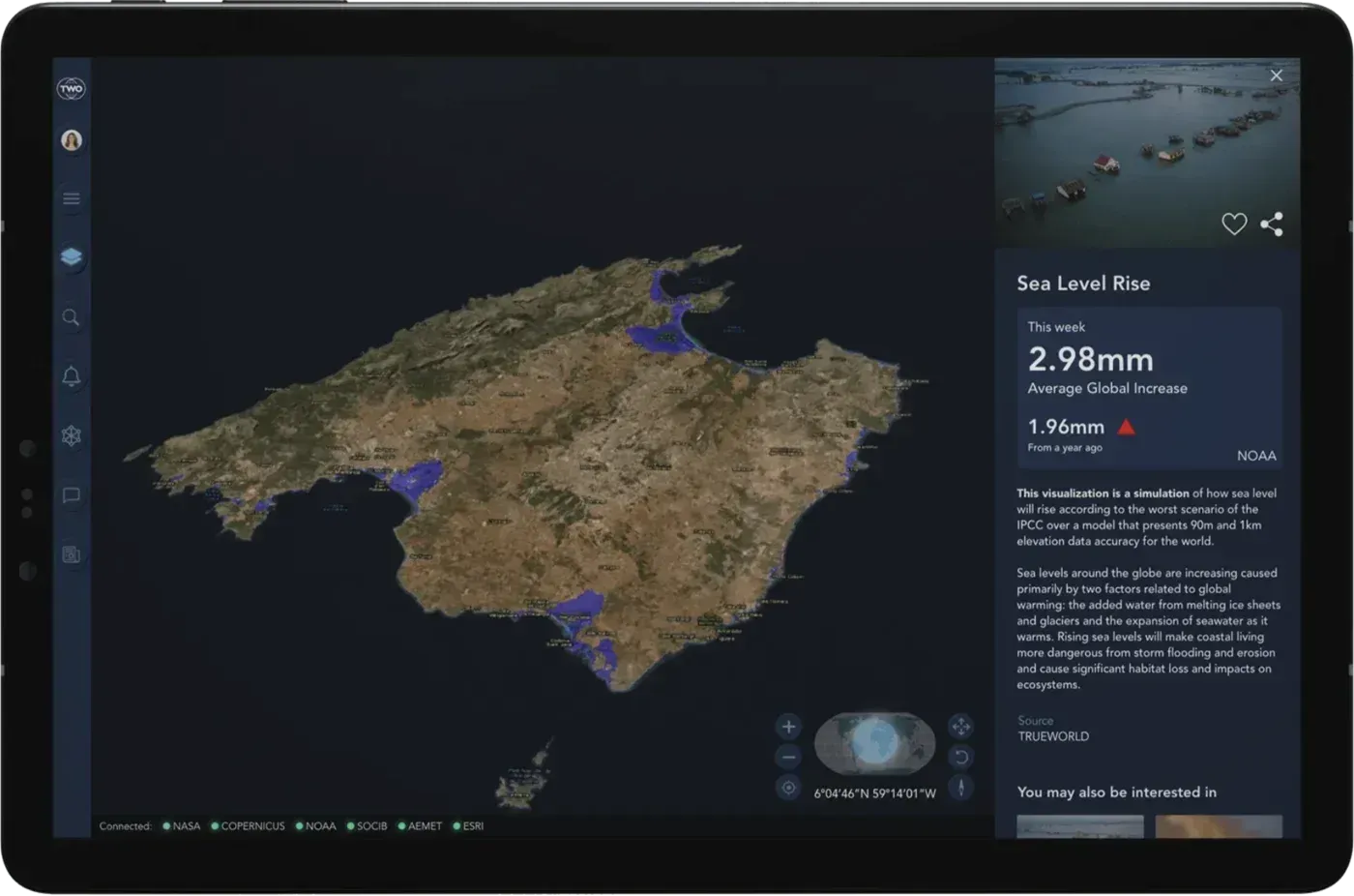 Atlas en una tableta con la simulación de la subida del nivel del mar en Mallorca