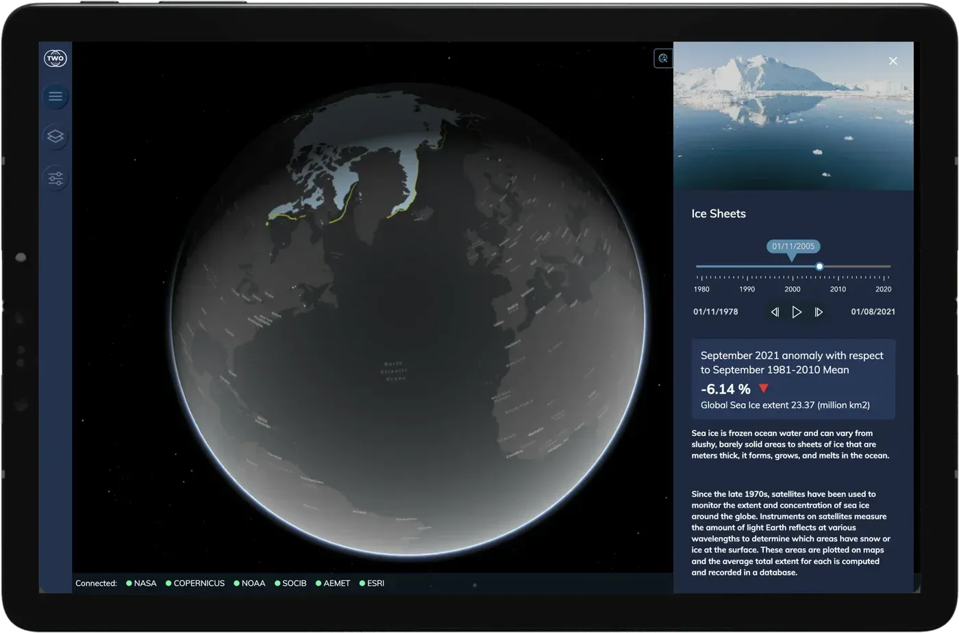 Atlas en una tableta con la extensión del hielo marino en el Ártico y su evolución desde 1978