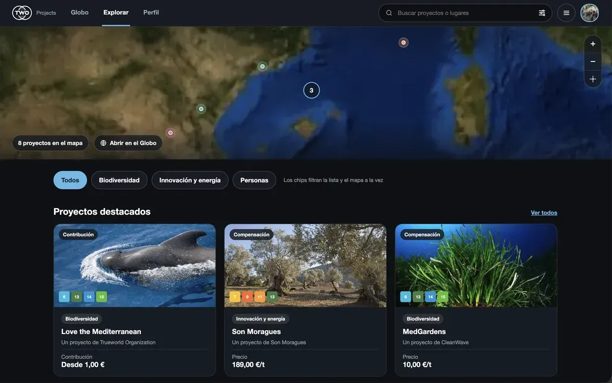 Pantalla Explorar de Projects con mapa y proyectos destacados