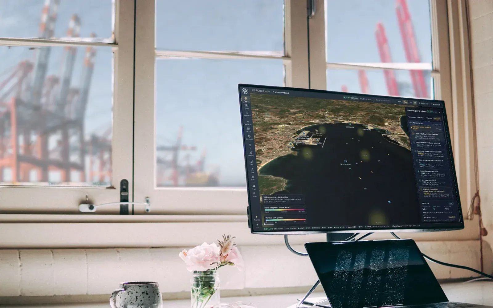 Monitor con el visor de BITACORA NEXT junto a una ventana con vistas a las grúas de un puerto