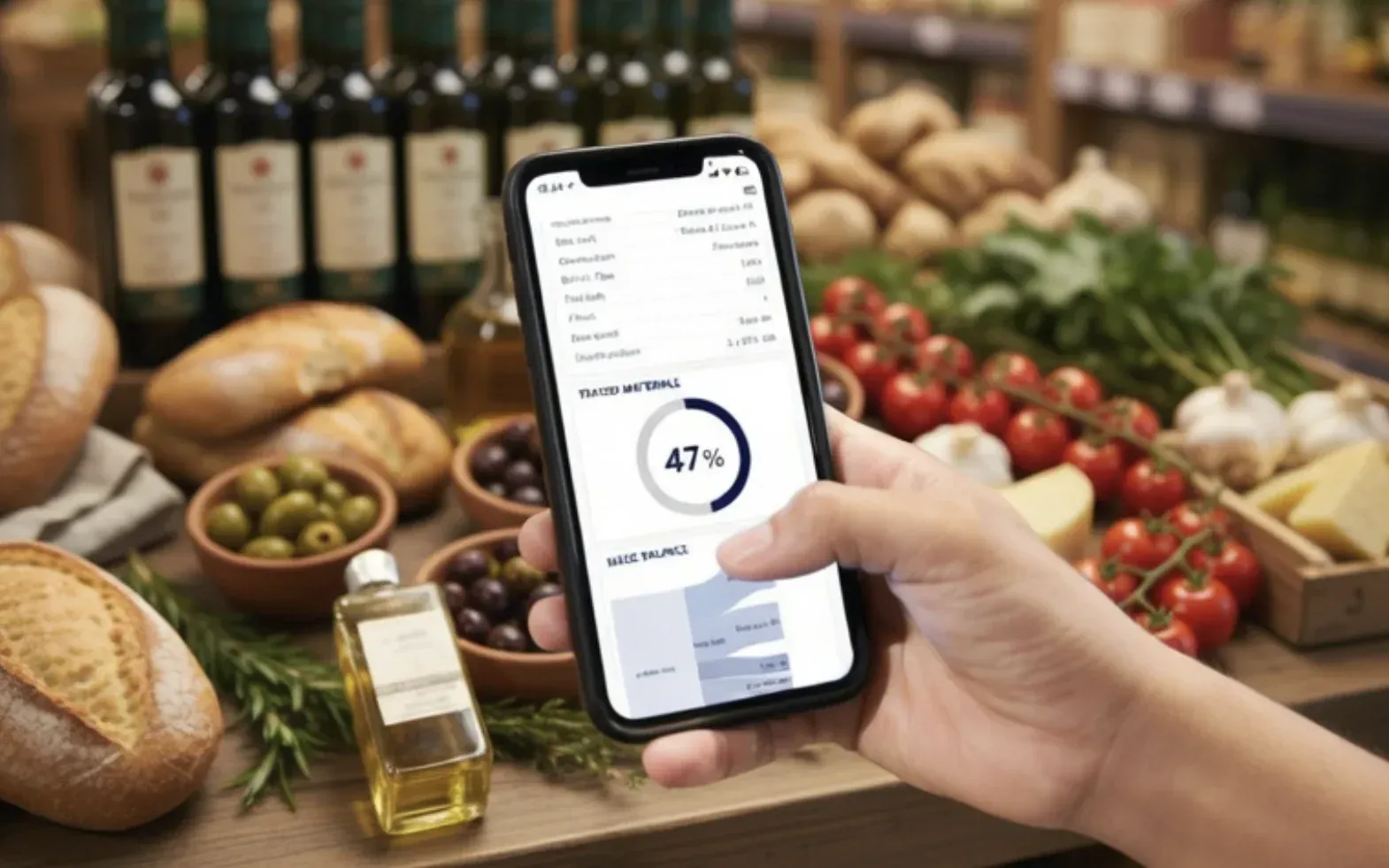 Móvil con la información de un producto en una tienda de alimentación