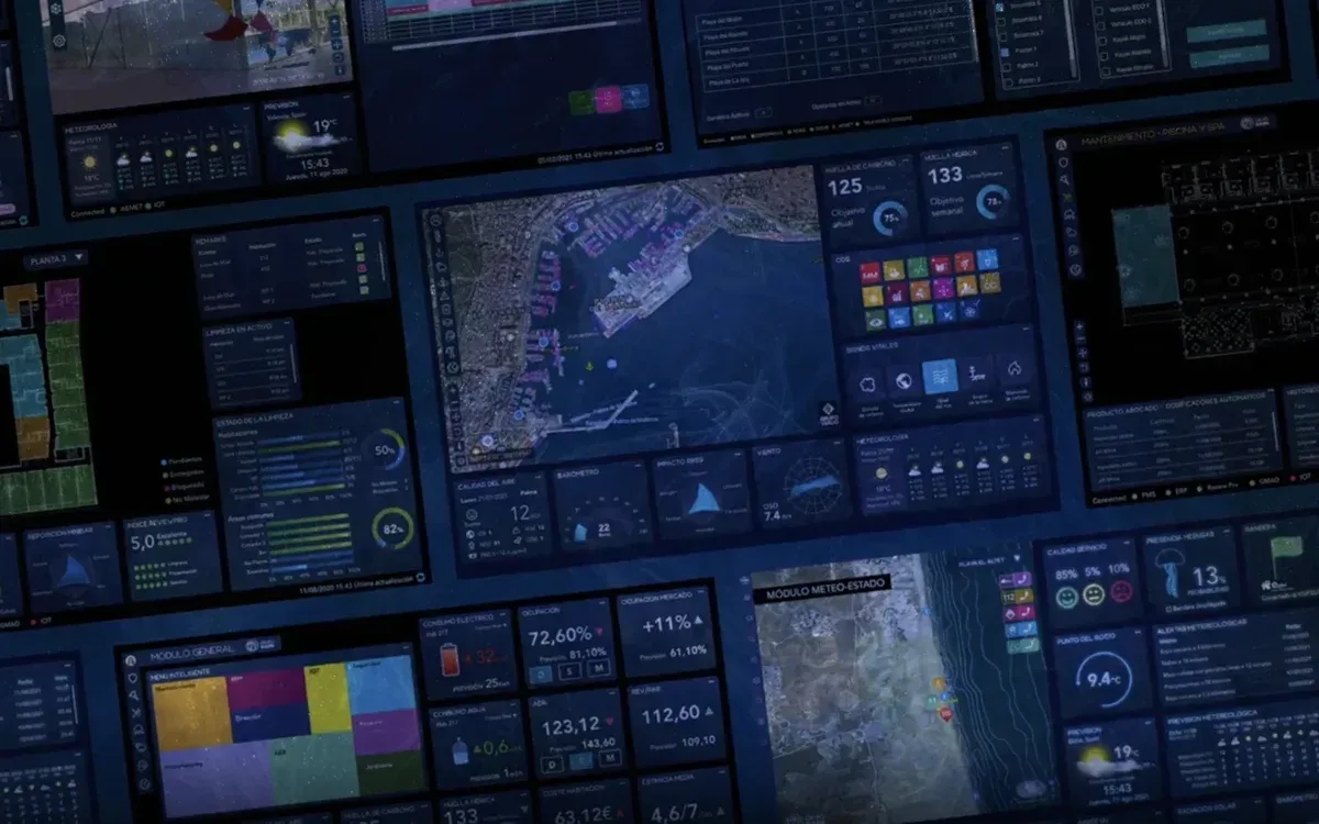 Paneles de la plataforma Solutions con mapas e indicadores